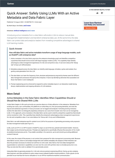 Gartner Quick Answer: Safely Using LLMs With an Active Metadata and Data Fabric Layer
